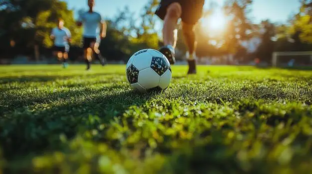 A picture of a soccer ball being kicked by a young kid.
