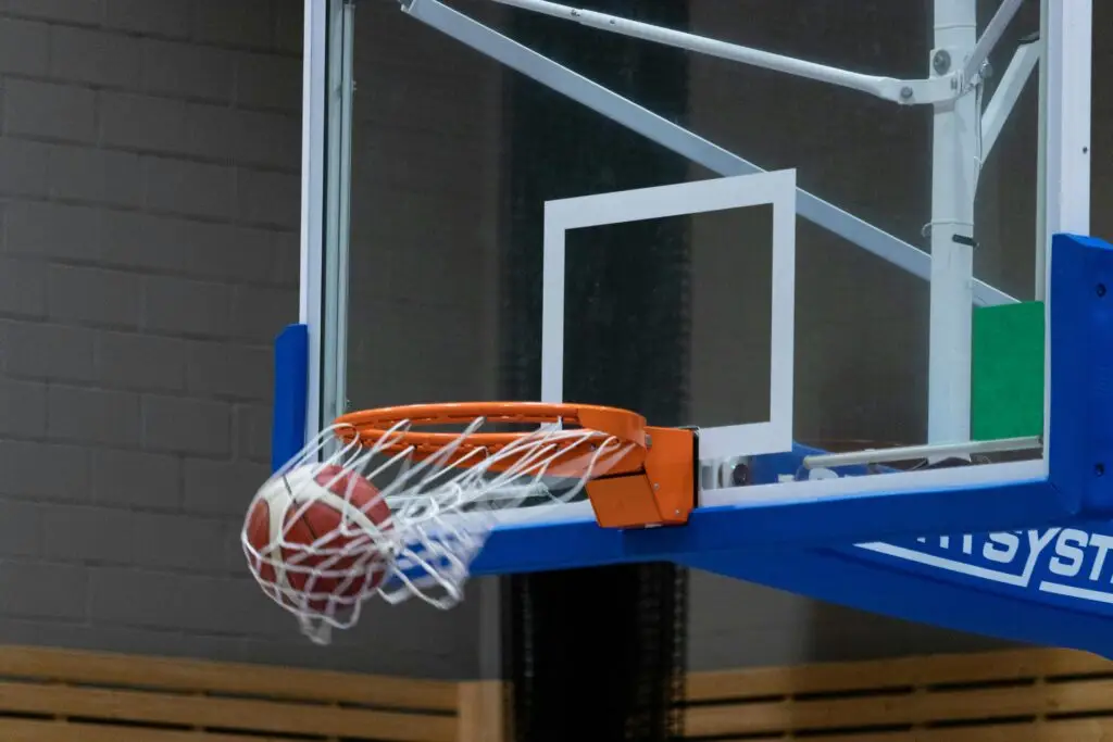 Basketball on court.